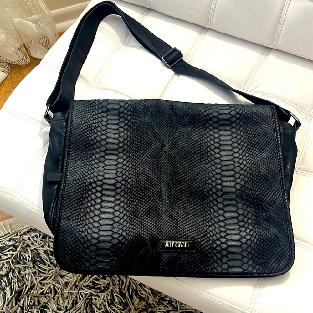 Just Cavalli black and blue python print messenger bag